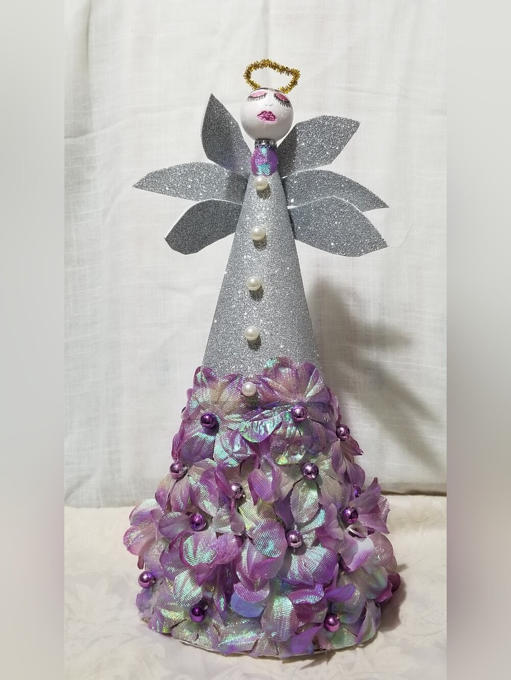 Handcrafted & Painted Silver and Iridescent Purple Floral Angel Tree Topper